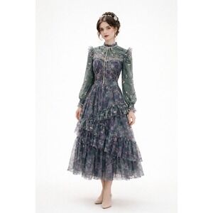 Lionello Salvi Green Floral Lace Ruffle Midi Dress 4 Romantic Cottage Victorian
